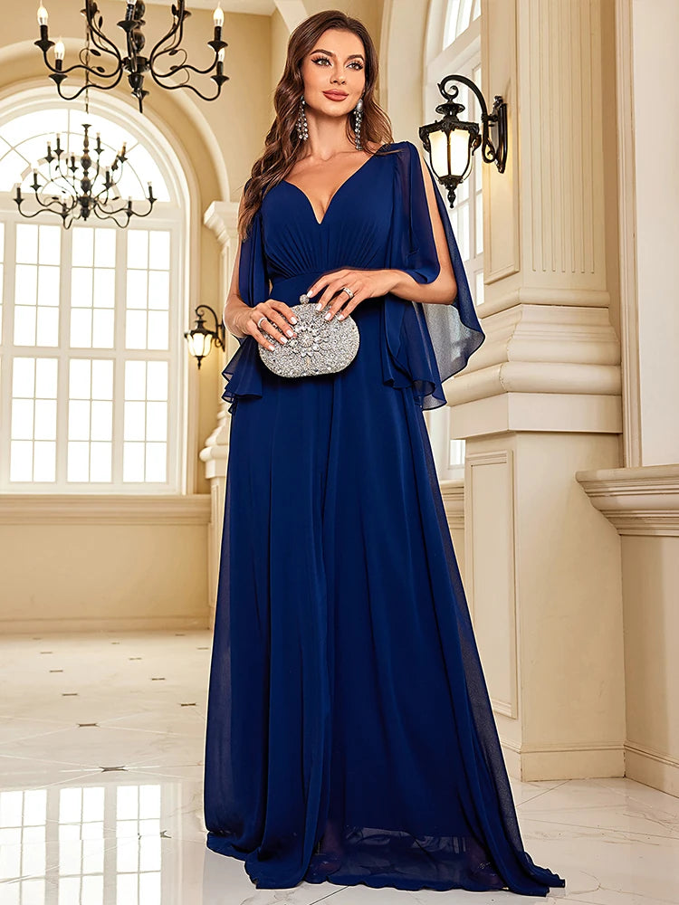 Chiffon Long Sleeve Navy Evening Dress Sexy High Split Women Dress | XUIBOL