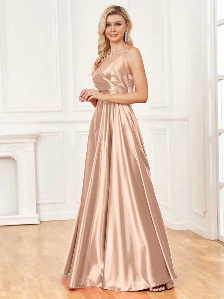 V-Neck Satin Sleeveless Blue Formal Evening Dress | XUIBOL