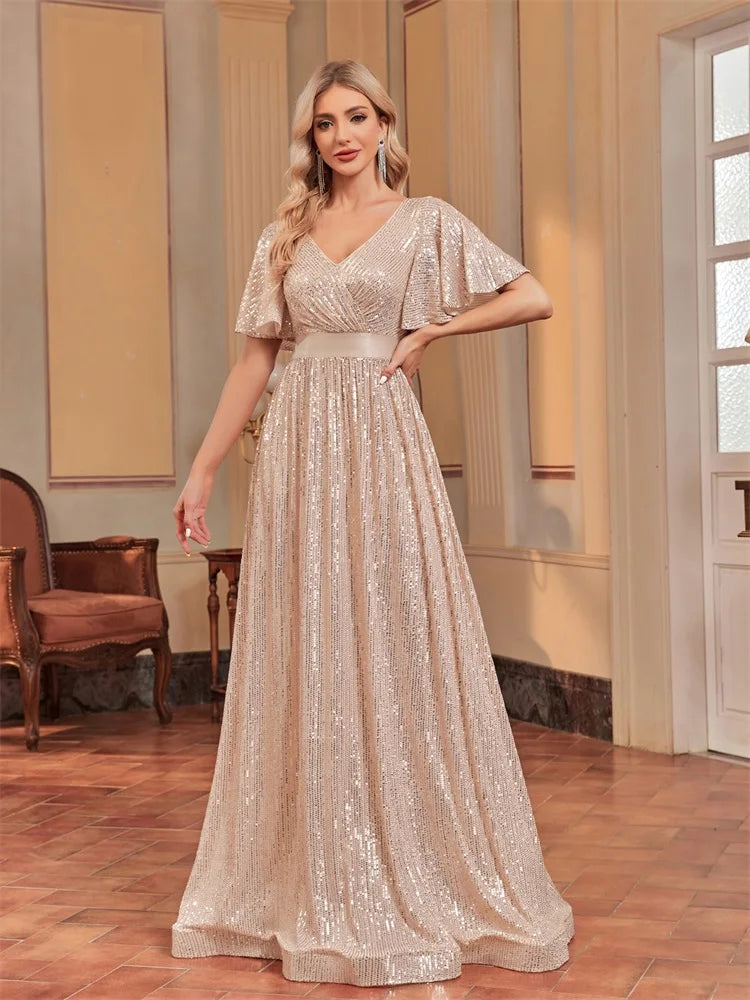Plus Size Luxury V-Neck Short Sleeves Formal Evening Dress | XUIBOL