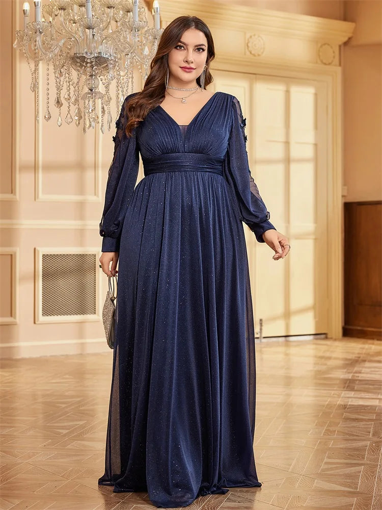 Plus Size Long Sleeves Sparkle Bling Bling Floor Length Split Evening Dress | XUIBOL