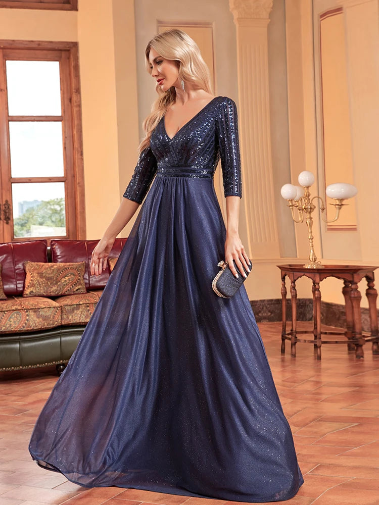 Plus Size Luxury Prom Dress Long V Neck A-Line Sequin With 3/4 Sleeve Blue Bridesmaid dress | XUIBOL