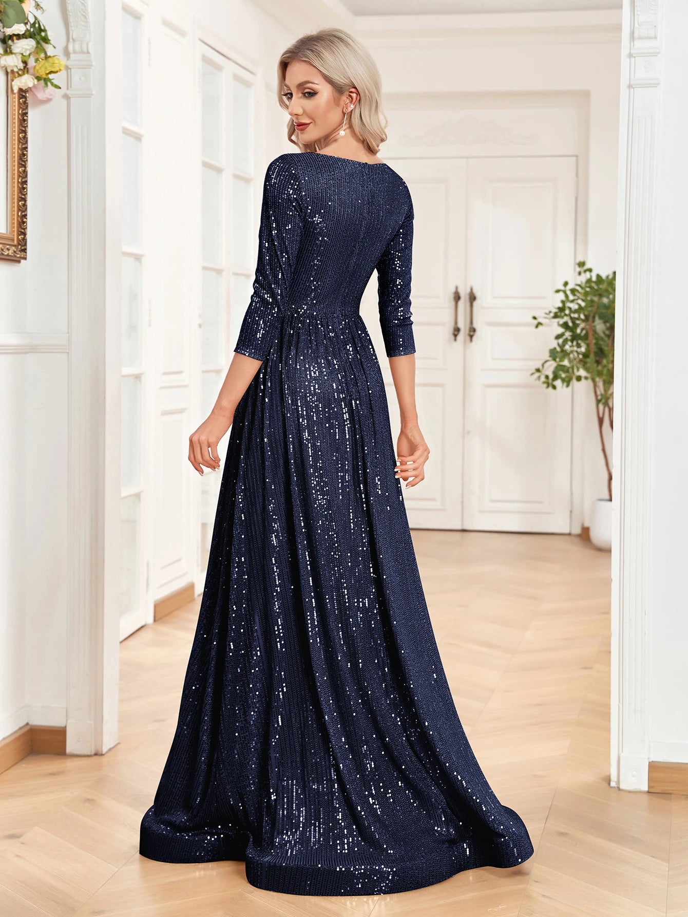 XUIBOL Elegant Sexy Deep V-Neck Sequins Evening Dress Luxury Women Long Sleeves Dress Wedding Party Cocktail Gown Gold Prom