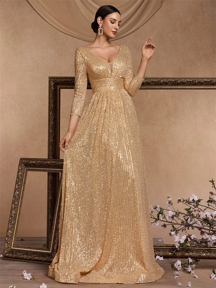XUIBOL Elegant Sexy Deep V-Neck Sequins Evening Dress Luxury Women Long Sleeves Dress Wedding Party Cocktail Gown Gold Prom