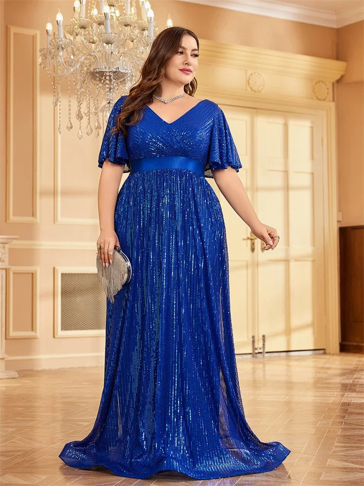 Plus Size Luxury V-Neck Short Sleeves Formal Evening Dress | XUIBOL