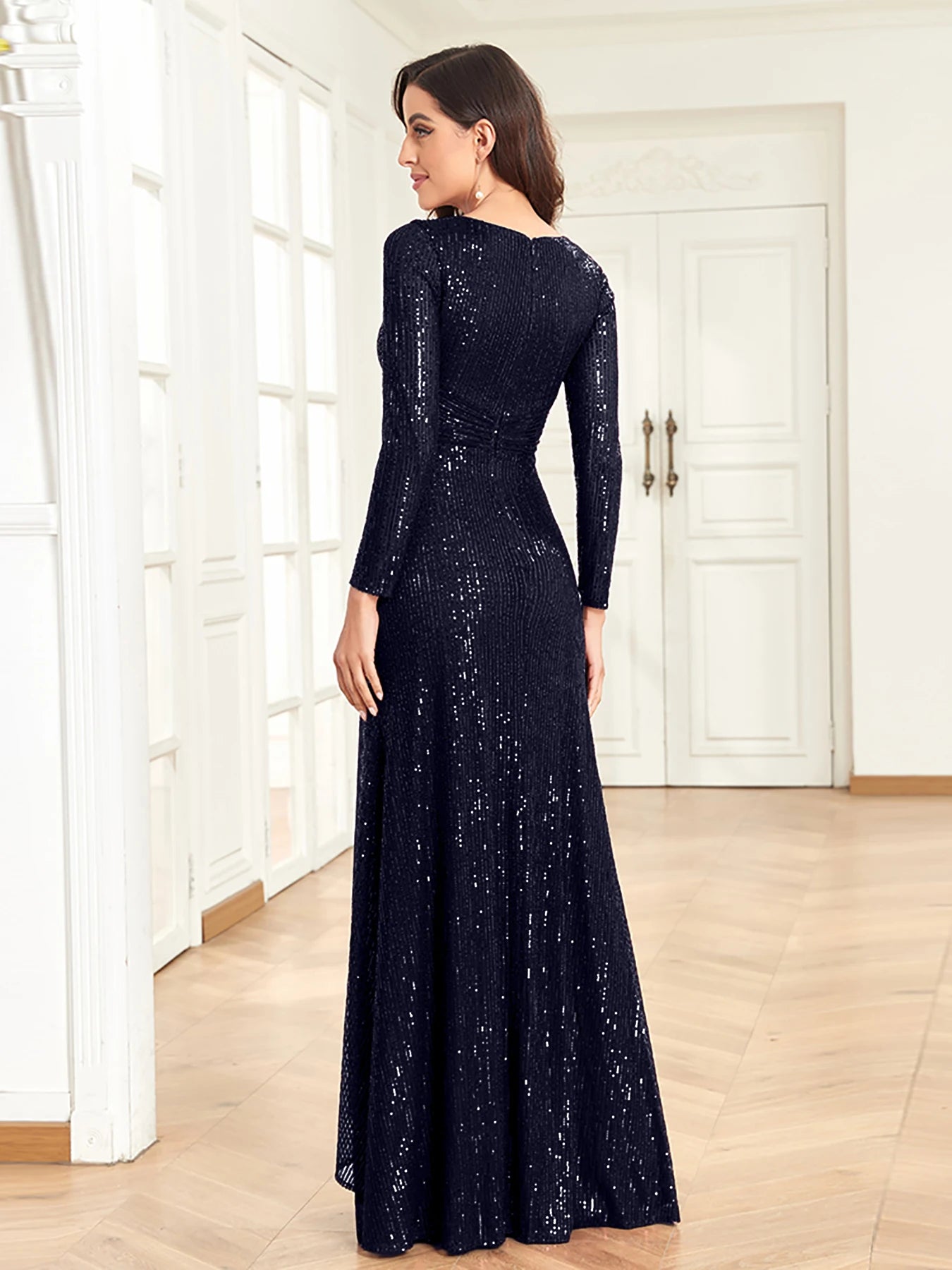 XUIBOL Luxury Long Sleeve V-Neck Evening Dress Women Wedding Party Sequins For Female Guests Red Prom Cocktail Dresses