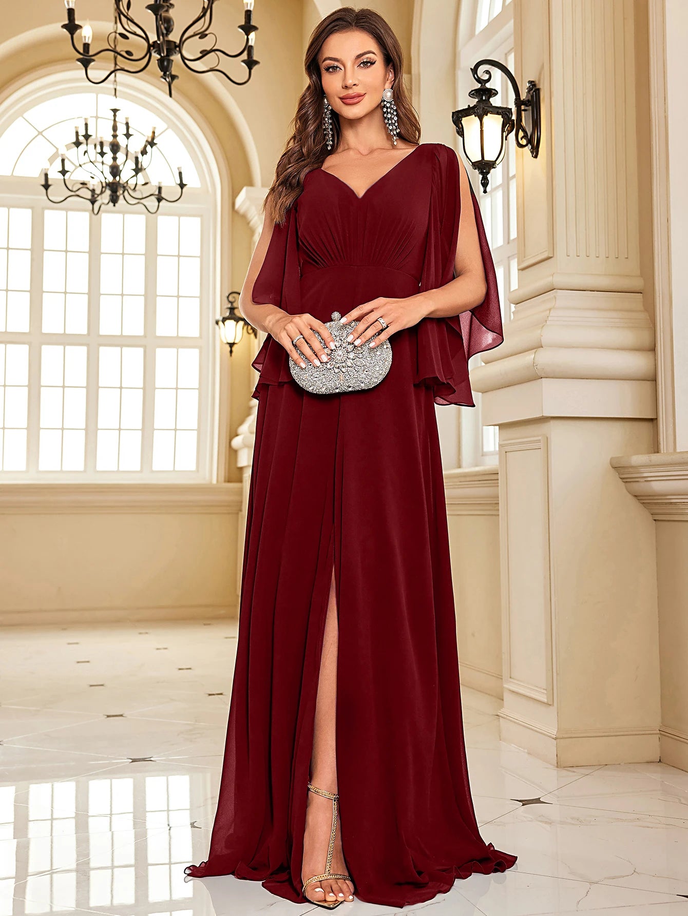 Chiffon Long Sleeve Navy Evening Dress Sexy High Split Women Dress | XUIBOL