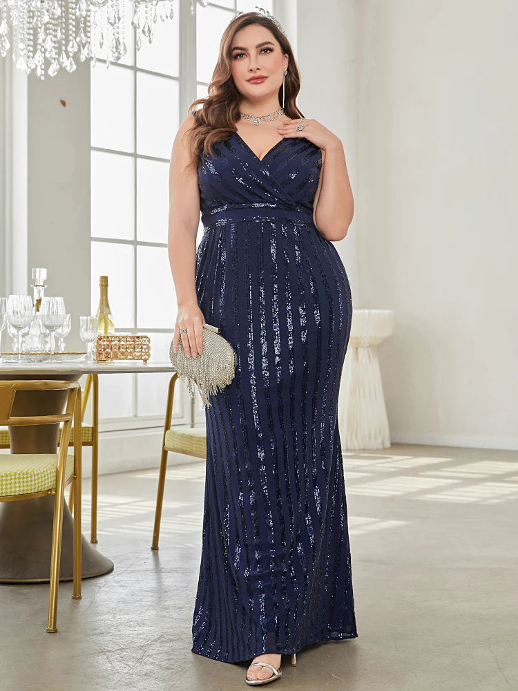 Plus Size Luxury V-Neck Evening Dress | XUIBOL