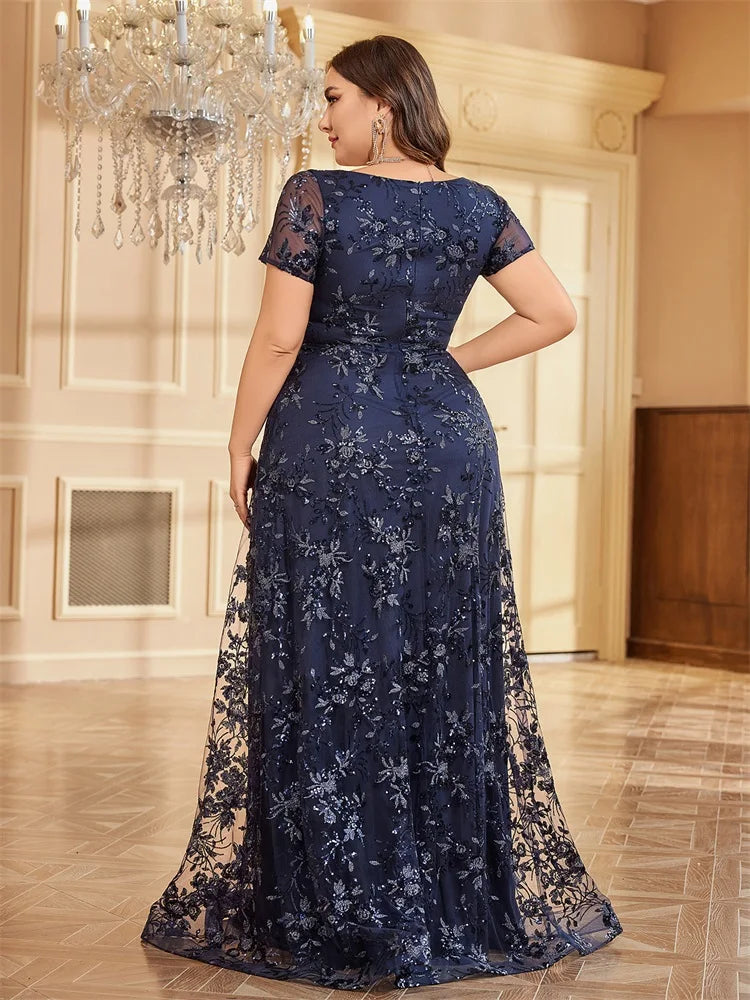 Plus Size Elegant Flower V-Neck Evening Dress | XUIBOL
