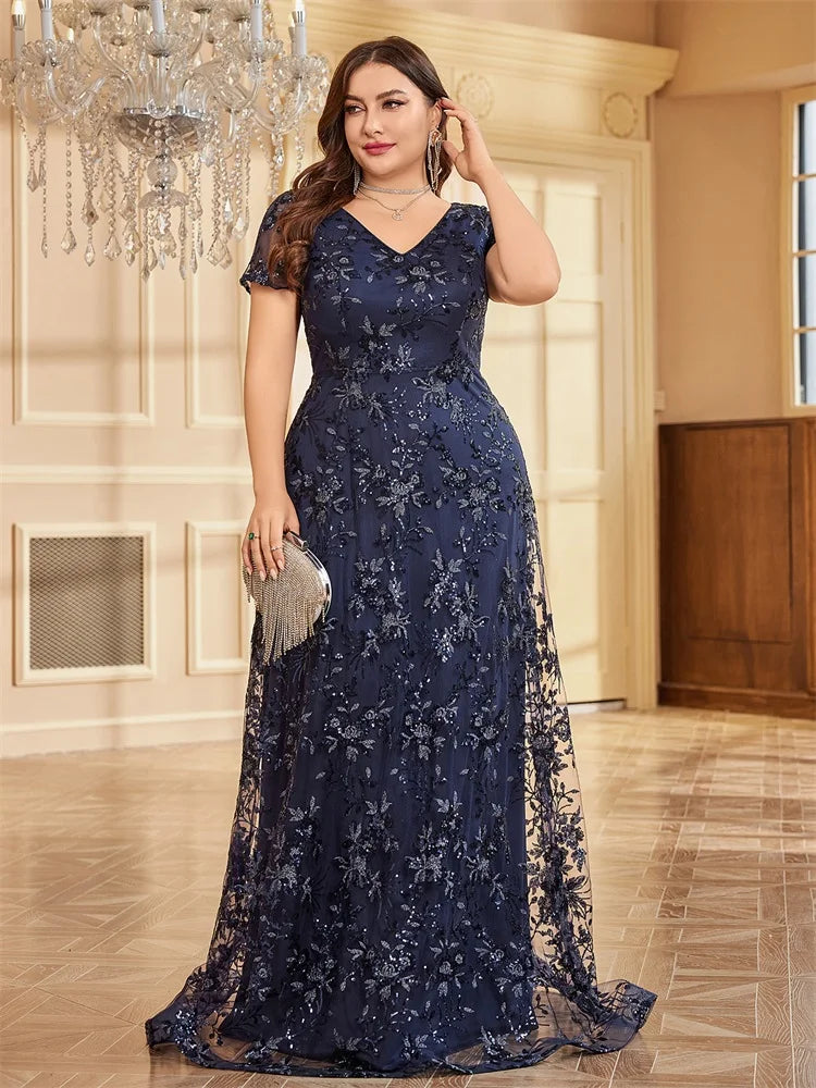 Plus Size Elegant Flower V-Neck Evening Dress | XUIBOL