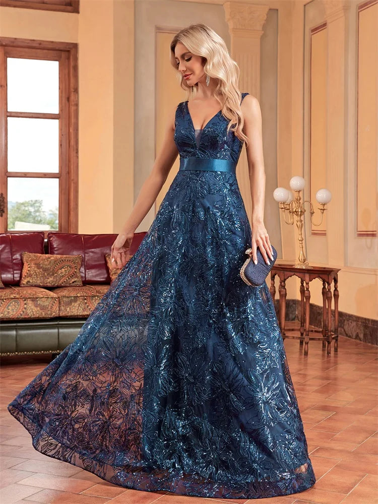 XUIBOL | Luxury Sexy Deep V-Neck Flower Sequins Blue Evening Dress Women Elegant V-back Wedding Party Long Prom Cocktail Dresses