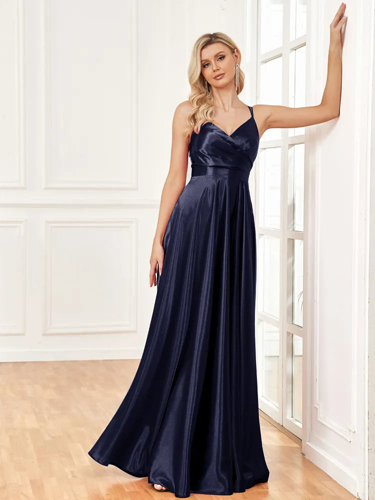 V-Neck Satin Sleeveless Blue Formal Evening Dress | XUIBOL