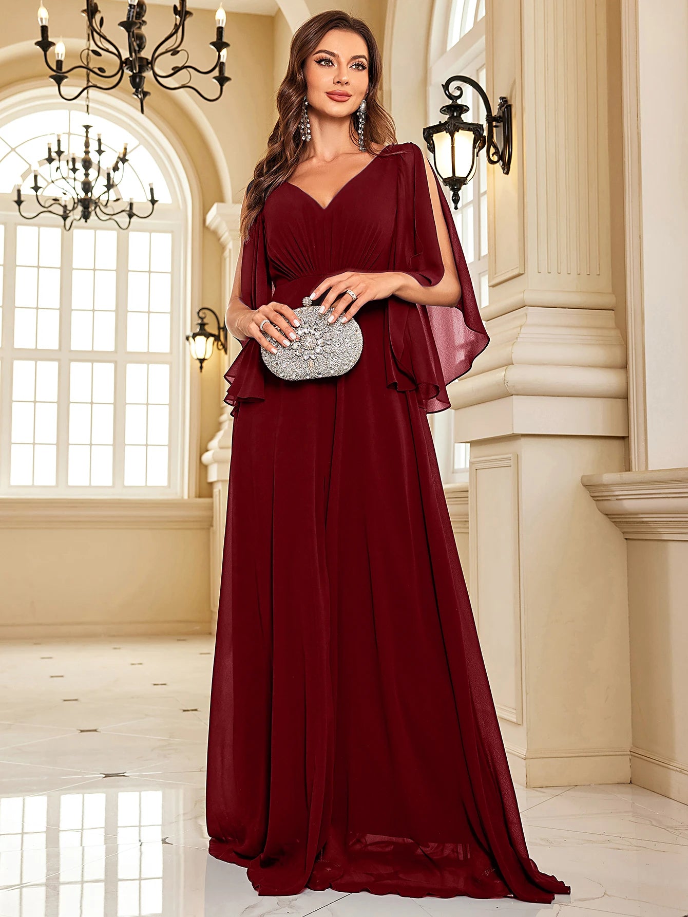 Chiffon Long Sleeve Navy Evening Dress Sexy High Split Women Dress | XUIBOL