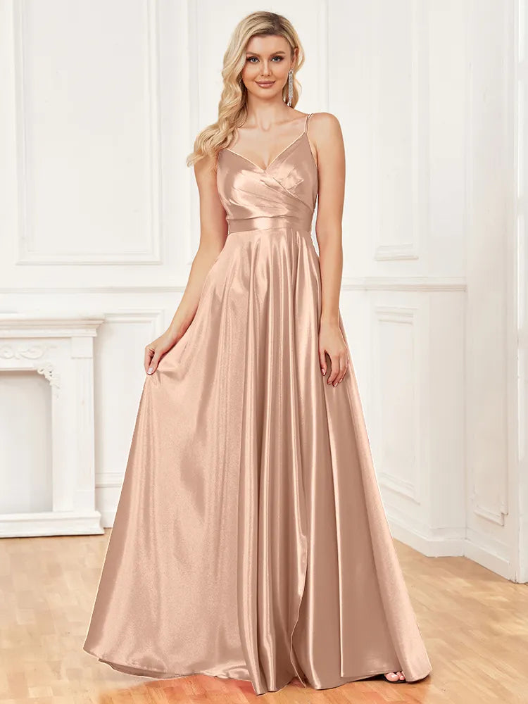 V-Neck Satin Sleeveless Blue Formal Evening Dress | XUIBOL