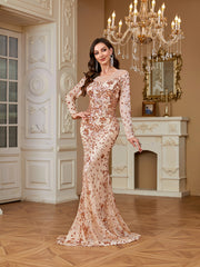 Nude Rose Gold Floral Sequin Illusion Long Sleeve Mermaid Evening Gown