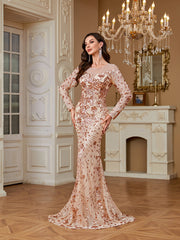 Nude Rose Gold Floral Sequin Illusion Long Sleeve Mermaid Evening Gown