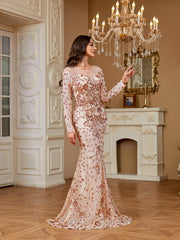 Nude Rose Gold Floral Sequin Illusion Long Sleeve Mermaid Evening Gown