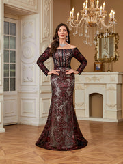 Burgundy Sequin Corset Off Shoulder Mermaid Evening Gown