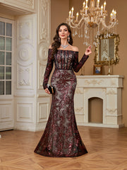 Burgundy Sequin Corset Off Shoulder Mermaid Evening Gown