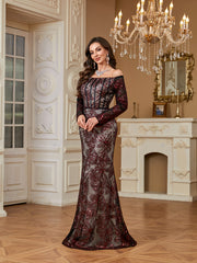 Burgundy Sequin Corset Off Shoulder Mermaid Evening Gown