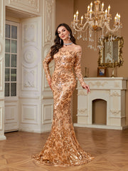 Champagne Gold Sequin Off Shoulder Long Sleeve Mermaid Evening Gown