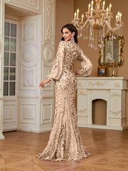 Slim Fit Long Sleeved Embroidered Sequin Dress