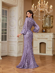 Slim Fit Long Sleeved Embroidered Sequin Dress