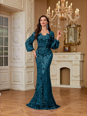 Slim Fit Long Sleeved Embroidered Sequin Dress