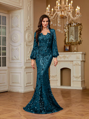 Slim Fit Long Sleeved Embroidered Sequin Dress