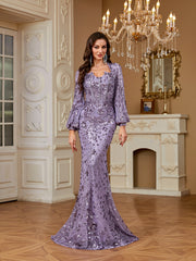 Slim Fit Long Sleeved Embroidered Sequin Dress