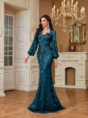 Slim Fit Long Sleeved Embroidered Sequin Dress