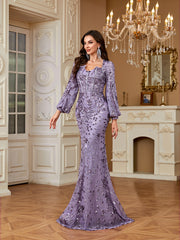 Slim Fit Long Sleeved Embroidered Sequin Dress