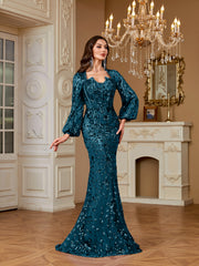 Slim Fit Long Sleeved Embroidered Sequin Dress