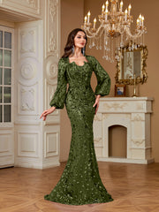 Slim Fit Long Sleeved Embroidered Sequin Dress