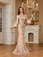 Slim Fit Long Sleeved Embroidered Sequin Dress
