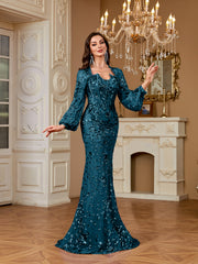 Slim Fit Long Sleeved Embroidered Sequin Dress