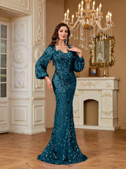 Slim Fit Long Sleeved Embroidered Sequin Dress