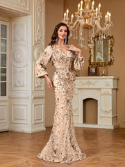 Slim Fit Long Sleeved Embroidered Sequin Dress