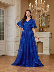 Royal Blue Sequin Flutter‑Sleeve High Waist A‑Line Evening Gown