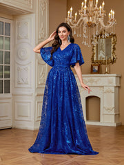 Royal Blue Sequin Flutter‑Sleeve High Waist A‑Line Evening Gown