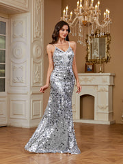 Silver Mixed Sequin Spaghetti Strap Mermaid Evening Gown