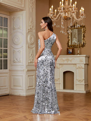 Silver Mixed Sequin One Shoulder Mermaid Evening Gown