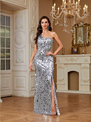 Silver Mixed Sequin One Shoulder Mermaid Evening Gown