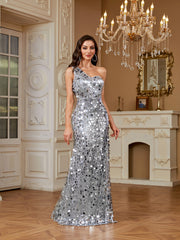 Silver Mixed Sequin One Shoulder Mermaid Evening Gown