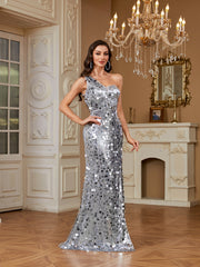 Silver Mixed Sequin One Shoulder Mermaid Evening Gown