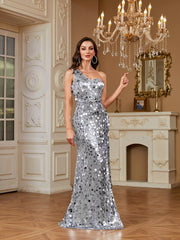 Silver Mixed Sequin One Shoulder Mermaid Evening Gown