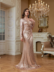 Rose Gold Sequin Long Sleeve V Neck Ruched Mermaid Evening Gown