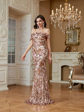 Champagne Gold Satin Trim Off‑Shoulder Sequin Mermaid Evening Gown