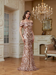 Champagne Gold Satin Trim Off‑Shoulder Sequin Mermaid Evening Gown