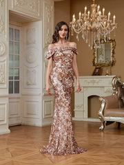Champagne Gold Satin Trim Off‑Shoulder Sequin Mermaid Evening Gown