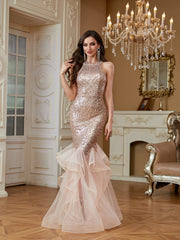 Rose Gold Sequin Halter Ruffle Tulle Mermaid Evening Gown